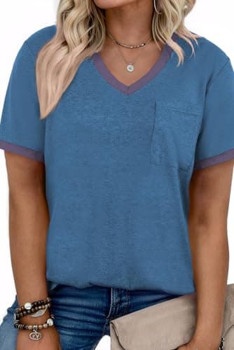 Eytino Women Plus Size Tops V Neck Short Sleeve Striped Casual Loose Blouse Shirts with Pocket,3X Blue