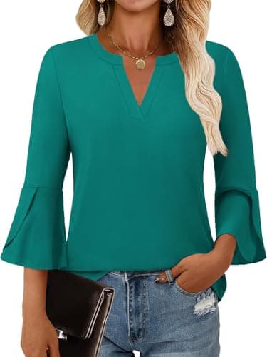 GKBK Women's Blouses Ruffle 3/4 Sleeve Dressy Top V Neck Casual Tunic Blouses Business Shirts Deep Green M