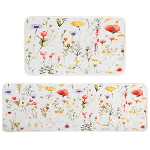 Tinideya Wildflowers Kitchen Mats Set of 2, Washable Floral Sink Rugs Runner 47"x16" + 28"x16", Low Profile Non-Slip Spring Botanical Floor Mat Decor for Indoor Bathroom Laundry