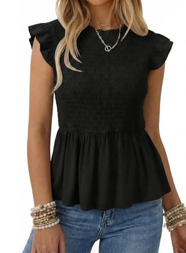 SHEWIN Peplum Summer Tops for Womens Babydoll Cute Flowy Smocked Tops Black Blouses Casual Puff Sleeves Pleated Shirts Fall Womens Clothes Medium