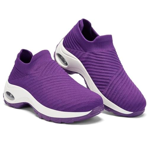Slow Man Walking Shoes Women Slip On Sock Sneakers Mesh Non Slip Work Shoes Women Air Cushion Platform Loafers Purple 9