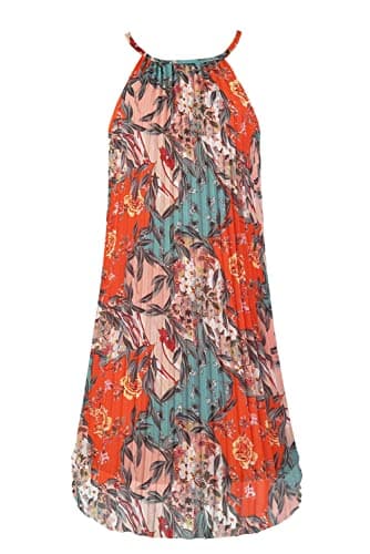 Ellames Women's 2026 Summer Spaghetti Strap Pleated Casual Swing Dress with Belt Leaf Large