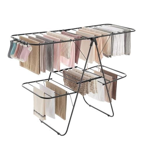 SONGMICS Clothes Drying Rack, Foldable 2-Level Laundry Drying Rack, Free-Standing Laundry Airer, with Height-Adjustable Wings, 33 Drying Rails, Sock Clips, Black ULLR053B01V1