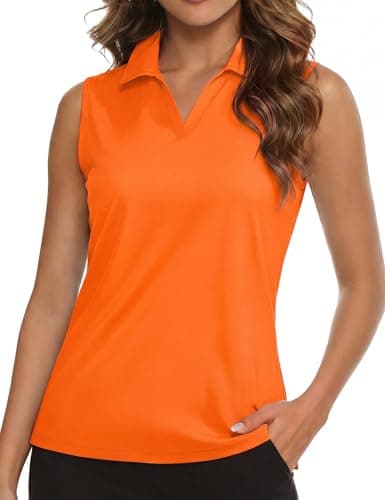 MAGCOMSEN Womens Collared Golf Shirts Sleeveless Tank Tops Quick Dry UPF 50+ Summer Athletic Workout Polo Shirts, FlOrange, M
