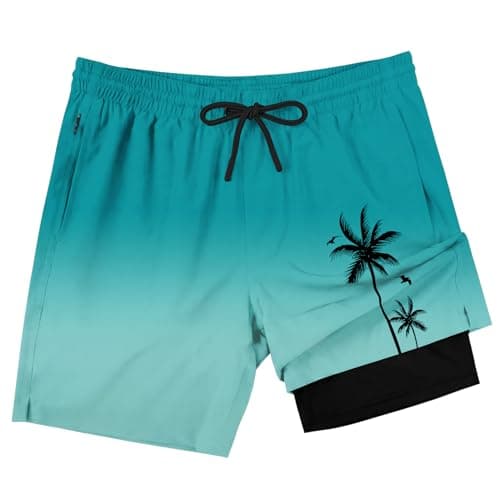 Lzzidou Men Swim Trunks with Compresssion Liner 7 Inch Inseam Board Shorts Bathing Suit with Zipper Pockets Turquoise