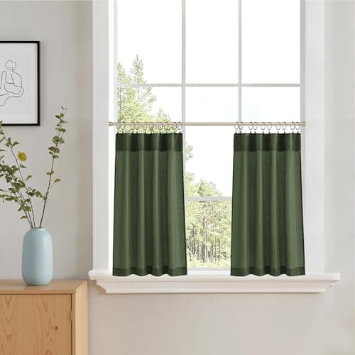NICETOWN Small Curtains for Kitchen Over Sink, Farmhouse Back Tab Pocket Linen Semi Sheer Light Filtering Window Tiers for Bedroom Bathroom Office, 1 Pair, Forest Green, 34" W x 24" L