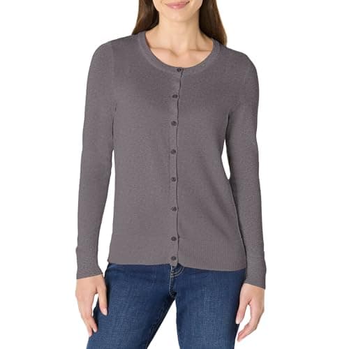 Amazon Essentials Women's Lightweight Crewneck Button-Down Cardigan Sweater (Available in Plus Size), Charcoal Heather, Medium