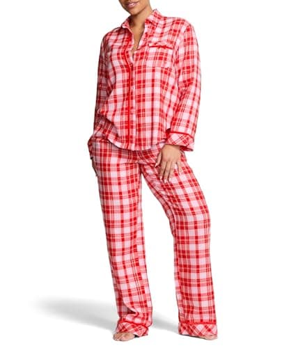 Victoria's Secret Women's PINK Flannel Pajama Set, Long Sleeve Button Down Shirt & Pants, Sleepwear for Women, Red Plaid, L