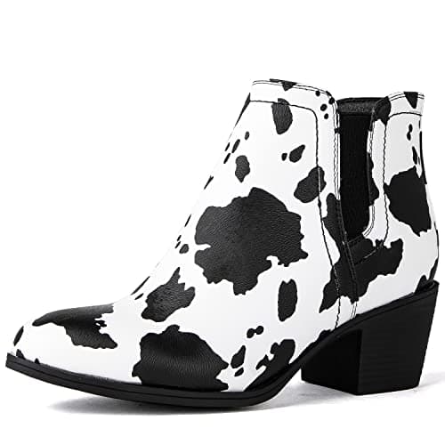 GLOBALWIN Women's Black White Cowboy Boots Pull On Ankle Western Cowgirl Boots Low Heel Size 7M