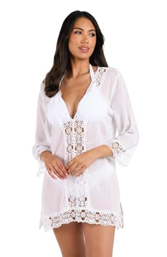 La Blanca Women's Plus-Size Island Fare V-Neck Womens Tunic Cover Up Swimwear, White, 3X