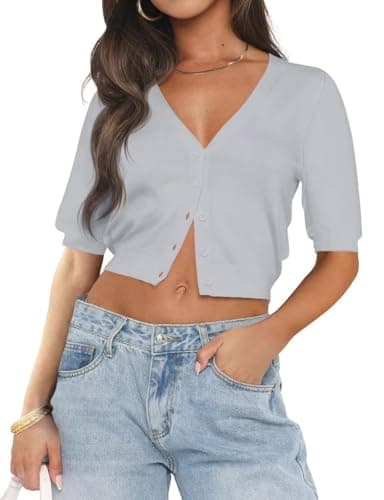 LEEDYA Summer V Neck Crop Tops Women's Cardigan Sweaters Short Sleeve Button Up Shirt Knit Tshirt Cropped Blouse Grey S