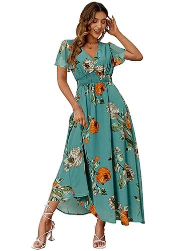 Simplee Women Casual Boho Floral Maxi Dress Flowy Long Wedding Guest Dress Holiday Beach V Neck Short Sleeve Maternity Dresses (S Turquoise)