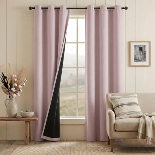 Melodieux Linen Total Black Out Curtains 72 Inch Long, Pink Thermal Insulated Blackout Curtains for Bedroom Living Room, Grommet Windows Curatin Panels with Black Back, 42" W x 72" L, 2 Panels
