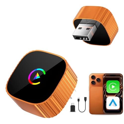 2-in-1 Wireless CarPlay for iPhone & Android Auto, Converts Wired to Wireless CarPlay, 2026 Upgrade, Faster & Stable, Plug & Play, 1080P HD Display,Mini Size,Orange,USB-A & Type-C Port【Thumb Type】