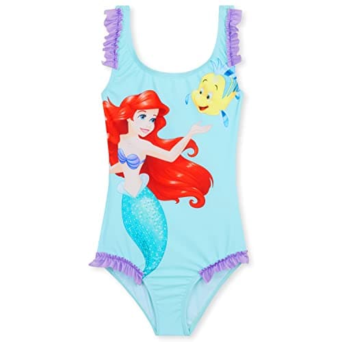 Disney Girls One Piece Swimming Costume, Comfortable Stretchy Swimsuit - Girls Gifts (Light Blue Ariel, 3-4 Years)