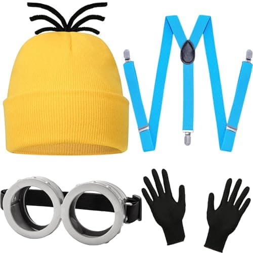 3/4/6PCS Halloween Costume Adult Accessories, Yellow Beanie Suspenders Goggles Glasses Gloves for Men Women Cosplay Party Set