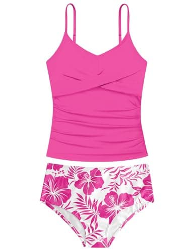 Idgreatim Bathing Suits for Girls 11T 12T Kids Swimsuit Pink Hawaiian Floral Comfortable Tankini Swimwear