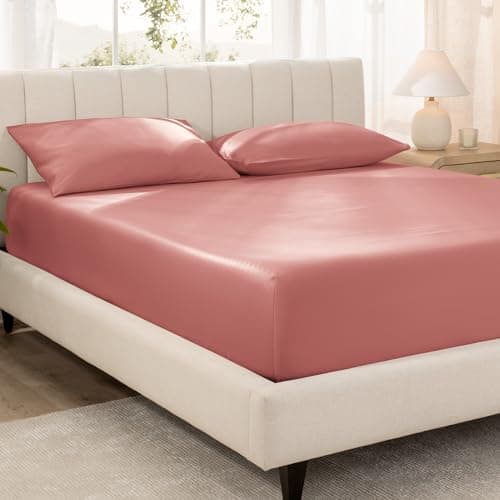 Bare Home 100% Organic Cotton Sateen Fitted Sheet - 400 Thread Count - Smooth Sateen Weave - Breathable & Cooling - Hotel Luxury - Durable Fitted Sheet - Deep Pocket (Twin, Dusty Rose)