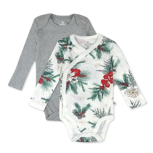 HonestBaby Side Snap and Long Sleeve Bodysuit 100% Organic Cotton for Infant Baby Boys, Girls, 2-Pack Emerald Floral, 0-3 Months