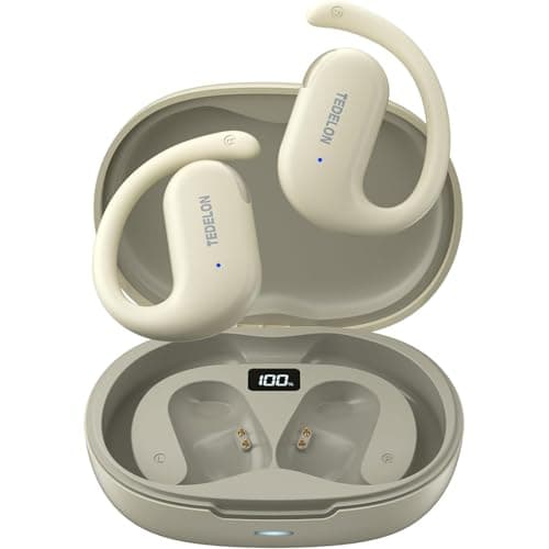 TEDELON Open Ear Headphones Bluetooth 5.4: 50H Playtime Wireless Earbuds, 16.2mm Drivers, IPX6 Waterproof, LED Display, Comfort Fit for Running, Cycling, Workouts, Beige