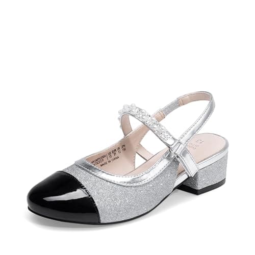 DREAM PAIRS Girls Dress Shoes, Chic Cap Toe Glittery Upper, 1.18-Inch Heels, Hook-and-Loop Closure, Latex Insole, Non-Slip Outsole, Wedding Birthday Party, Size 11 Little Kid,Silver/Black,KKUMPU2504