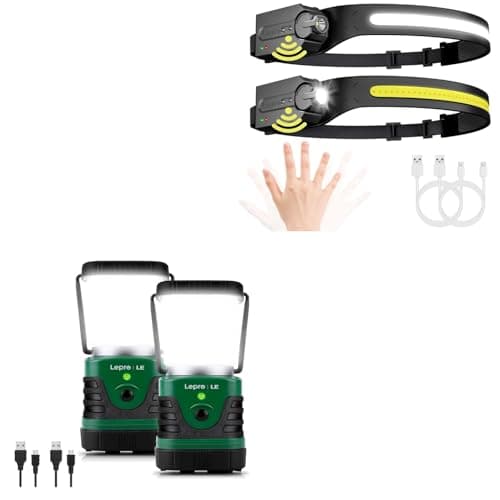 Lepro Bundle - 1000LM LED Camping Lantern Rechargeable, 4400mAh Power Bank & PR320019-2 Super Bright Head lamp with Motion Sensor, 230° Wide Beam & Adjustable