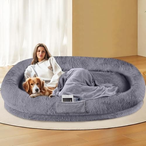 L&W BROS. Orthopedic Human Dog Bed for Large Dogs and Adults, Washable Extra Large Pet Couch with Removable Cover & Blanket, Supportive Memory Foam Lounger 71"x47" (Dark Gray)