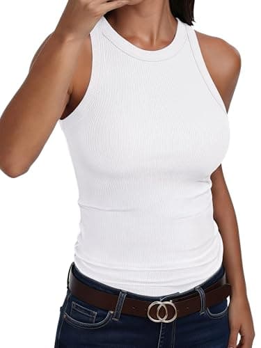 ANRABESS Sleeveless Tank Tops for Women High Neck Racerback Ribbed Knit Top Summer 2026 Casual Basic Slim Fit Workout Shirts White Large