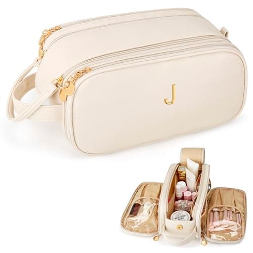 CLOUDWINGS Travel Makeup Bag Birthday Gifts for Women Teen Girl, Personalized Initial Makeup Organizer Bag Large Opening Cosmetic Bags for Women Waterproof Storage Toiletry Bags,Beige,J