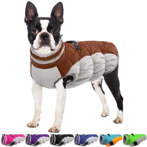 OUOBOB Winter Dog Coat,Large Dog Jacket,Waterproof Pet Jacket with Back Zipper,Pet Coat with Harness Built in,Warm Dogs Coat with Fleece Lined,Snow Jacket Clothes French Bulldog Shiba Inu,Brown,L