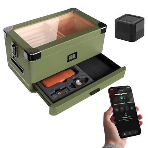 Military Glass Top Humidor, Matte Green with Digital Hygrometer, Spanish Cedar, Humidor Solution, Hydro System, and Accessory Drawer, Holds (70-100 Cigars) by Klaro, Includes Smart Valet