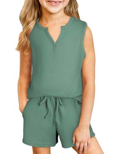 blibean Tween Girls Summer Clothes Sets Big Kids Sleeveless Outfits Teen Cute Waffle 2 Piece Matching Clothing Easter Dress Shirt Tops Shorts School Rompers Size 8-9 Years Old Green
