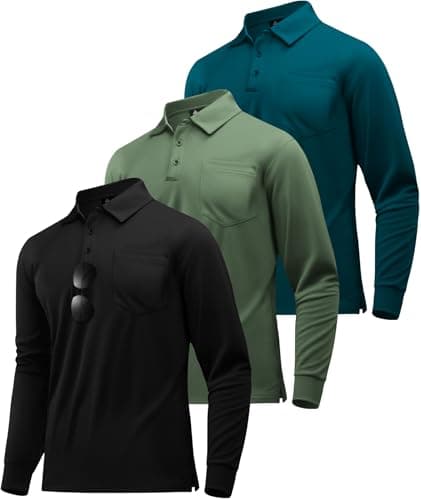 ZITY 3 Pack Long Sleeve Polo Shirts for Men with Pocket Moisture Wicking Outdoor Workwear Office Casual Collared Shirts Fall, Black+Army+Dark Teal Blue M