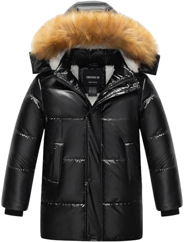 CREATMO US Winter Coats for Boys Kids Long Puffer Jackets Boys' Bubble Long Warm Coat Quilted Sherpa Lined Parka with Detachable Hood Shine Black 14-16