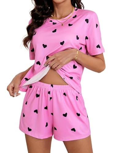 Hilinker Womens Cute 2 Piece Pajamas Short Sleeve Top with Shorts Summer Loung Set Pink Black Heart Large
