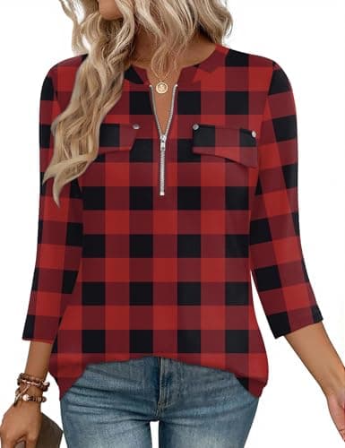 LOMON 3/4 Length Sleeve Womens Tops Work Business Casual V Neck Zipper Plaid Dressy Shirt Ladies Office Elegant Professional Tunic Summer Blouses