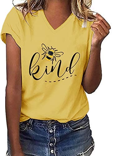 Womens Be Kind Graphic Tees V Neck Cute Printed Summer Casual T Shirts Tops (Yellow,Medium)