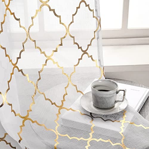Kotile Gold White Sheer Curtains 72 Inch Length 2 Panels Set Metallic Moroccan Ogee Design Shimmer Sheer Curtains for Dining Room, Rod Pocket Light Filtering Privacy Window Curtains, W52 x L72 Inch