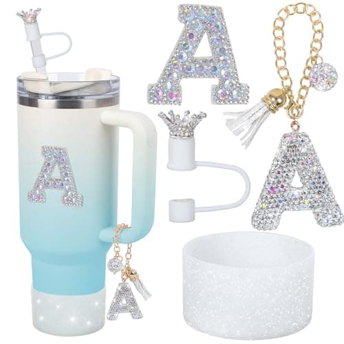 Letter Charms for Stanley Cup Handle,Silicone Boot Accessories Charms for Stanley Cup 40oz 30oz,Crown Straw Cover Topper & Diamond Sticker (A)
