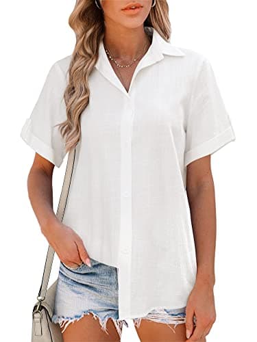 HOTOUCH Women Summer Button Down Shirt Short Sleeve Cotton Blouses Button Up Tops Beach Vacation Outfits A-White Medium