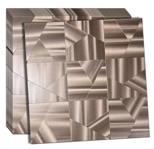 XUANINY Peel and Stick Metal Backsplash Tiles, Self Adhesive Aluminum Mosaic 3D Wall Sticker for Kitchen Bathroom Brushed Grey Decor (11.81"x11.81") (10 Triangle Copper)