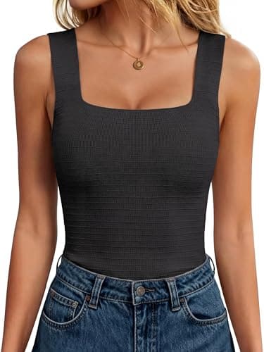 ANRABESS Tank Tops for Women 2026 Summer Square Neck Sleeveless Rib Knit Basic Slim Fit Shirts Casual Basic Workout Clothes Black X-Large