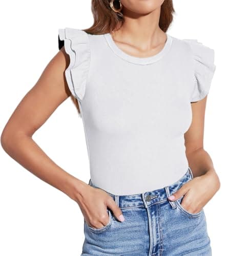 Lacozy Womens White Blouses Casual Dressy Crewneck Ruffle Sleeve Tops Work Office Shirt Spring Summer Clothes M