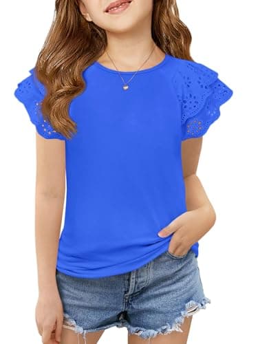 Haloumoning Girls Ruffle Sleeve T Shirts Summer Short Sleeve Casual Cute Crewneck Tops Tees 5-14 Years Royal