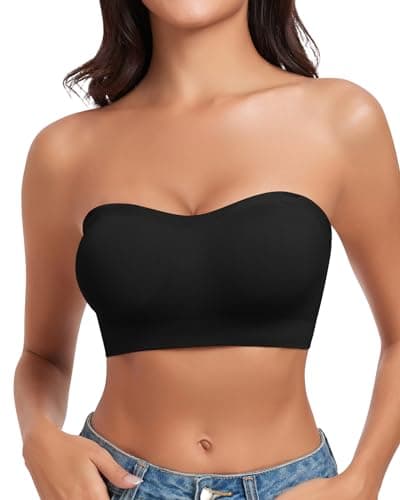 WOWENY Strapless Bras for Women Bandeau Bra Wireless Non-Slip Silicone Seamless Padded Tube Top Bra(Black, M)