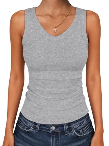 ANRABESS Tank Tops for Women V Neck Ribbed Knit Slim Fitted Sleeveless Basic Tee Tanks Casual Summer Clothes 2026 Grey XL