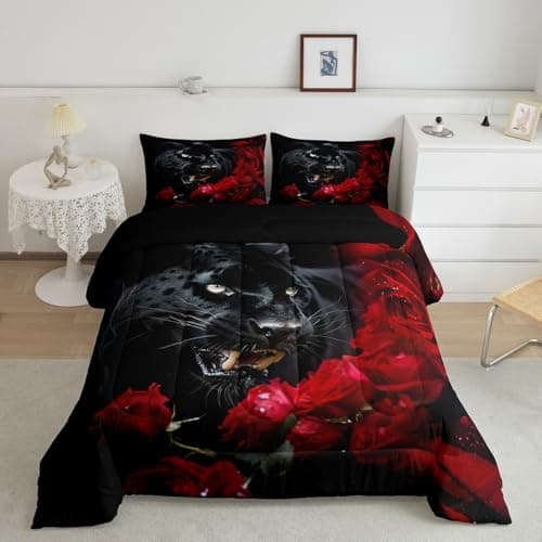 Feelyou Leopard Comforter Set Black Panther Animal Bedding Set Gorgeous Red Rose Floral Cheetah Comforter Wild Animal Wildlife Quilt Room 2Pcs Twin Size Boys