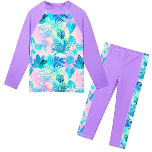 TFJH E Long Sleeve Girls Swimsuits Two Piece Rash Guard Sets Sun Protection 50+ Bathing Suits Purple Leaves Long 4A