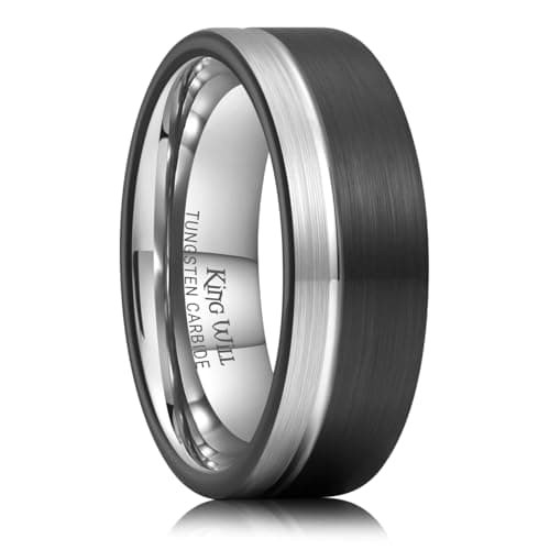 King Will 8mm Black and Silver Tungsten Rings, Men's Wedding Rings Basic Flat Cut Ring for Men Women Comfort Fit, Durable, Size 11