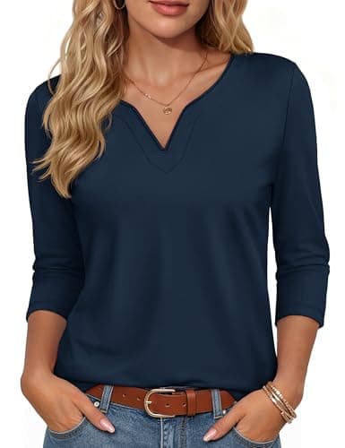 YUCOLEN Womens Tops 3/4 sleeve V Neck Half Length T Shirts for Women Cotton Blend Summer Henley Tees Dressy Casual Navy L